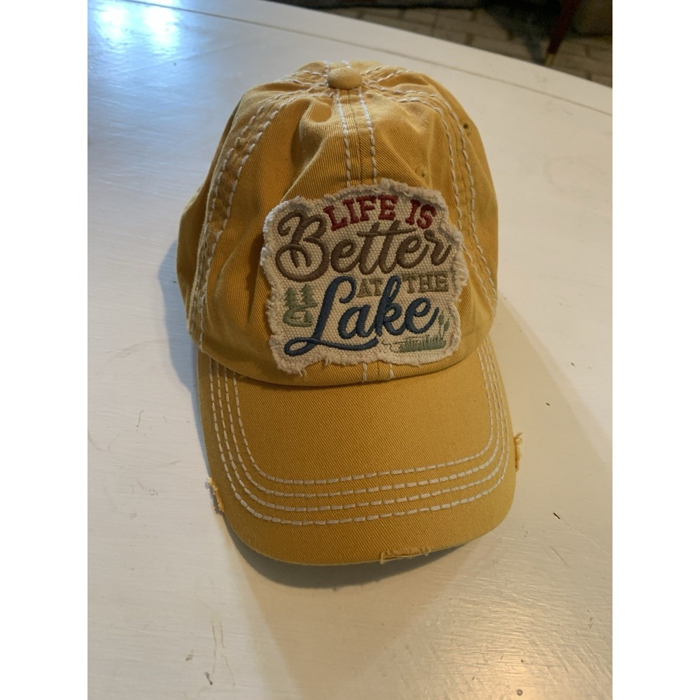 Kbethos Vintage Hat Yellow Distressed Life Is Better At The Lake Cap NWOT